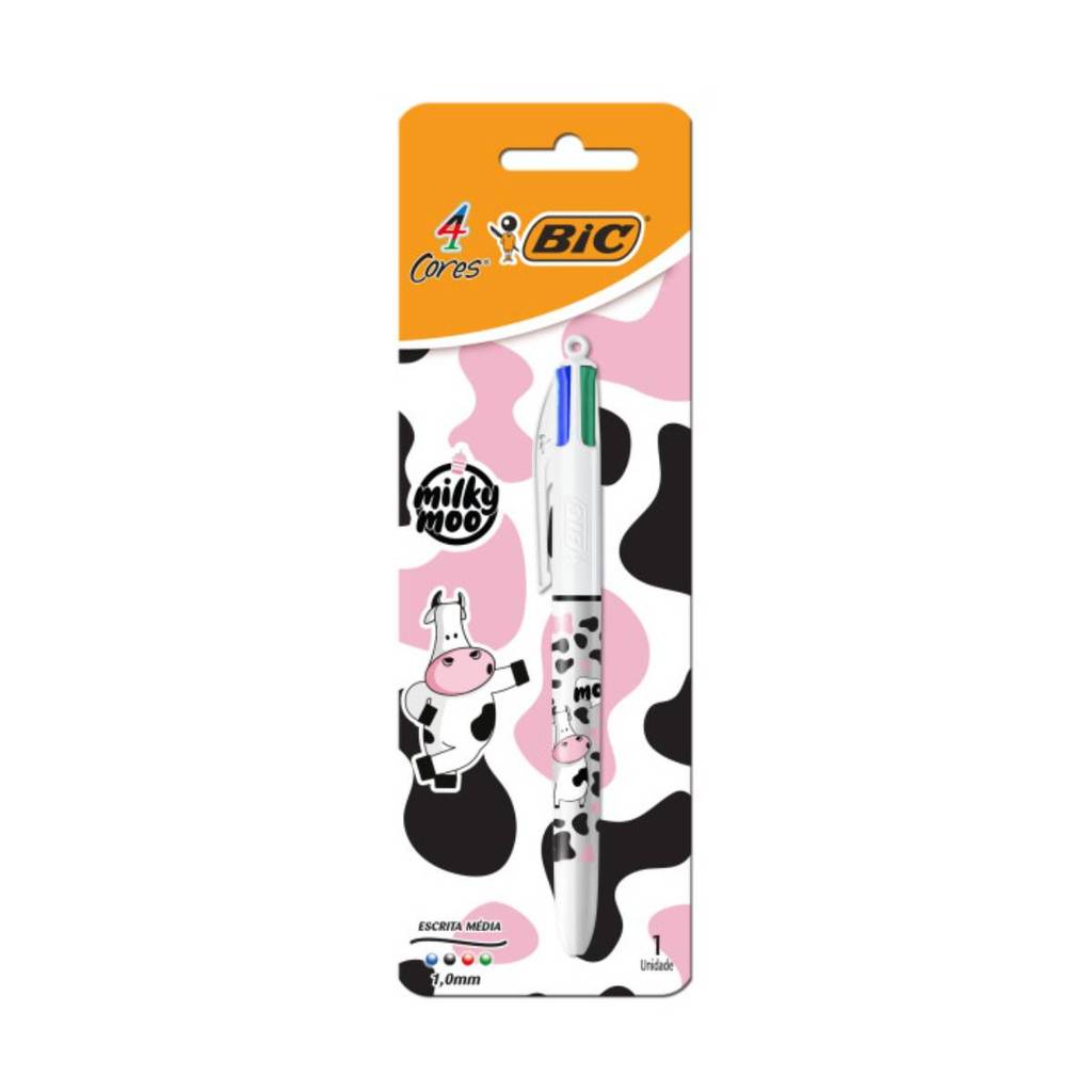 Caneta esferográfica 1.0 retrátil Milky Moo Branca 4 cores Bic
