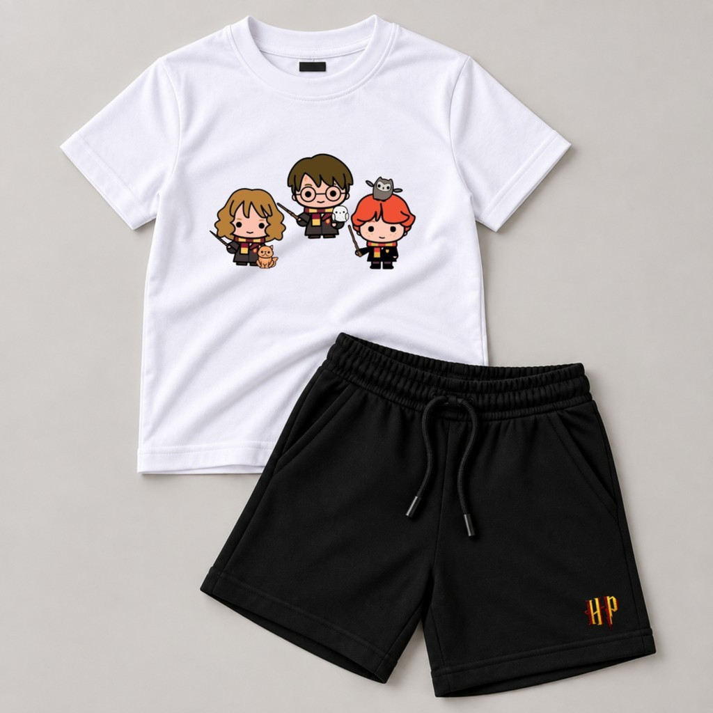 Conjunto Infantil Harry Potter Personagens Hermione Rony Camiseta e Bermuda Moletinho Algodão Confortável