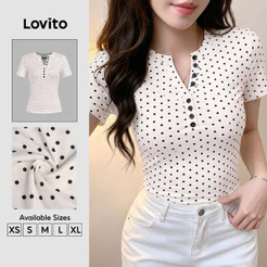 Lovito Camiseta Casual Poá Feminina Botão Simples Lazer Preto e Branco Primavera/Verão TSB202P2D174