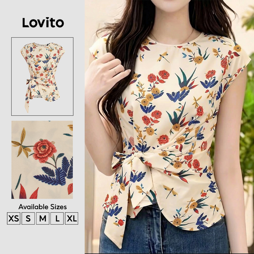 Lovito Blusa Casual Assimétrica Renda com Laço Flores Blusa Primavera/verão para Mulheres BLB201P1D080