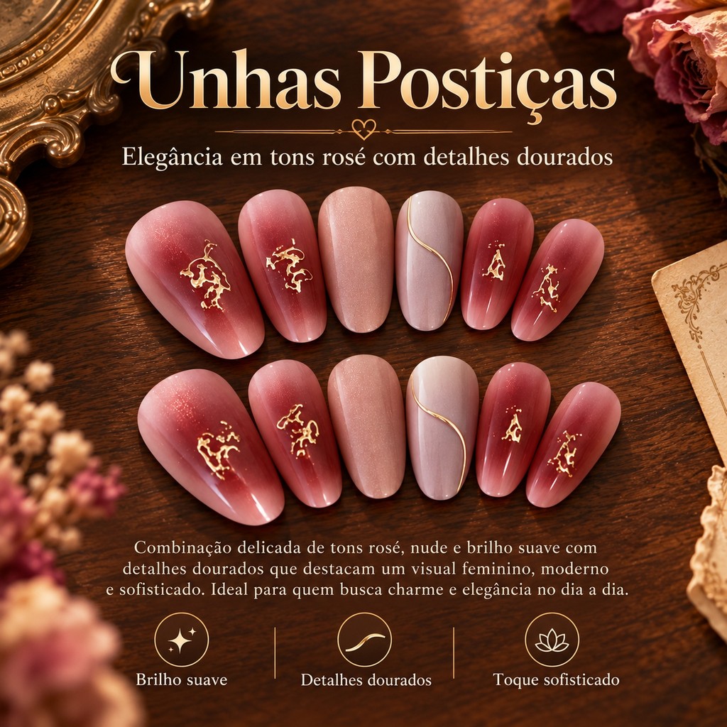 Kit Unhas Postiças de Pressão Oval, Tons Rosé Degradê com Detalhes Metálicos Dourados