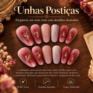 Kit Unhas Postiças de Pressão Oval, Tons Rosé Degradê com Detalhes Metálicos Dourados