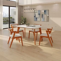 Conjunto Mesa e 4 Cadeiras Madeira Maciça, Tampo Off White e Assento Estofado Ímola Champagne/Off White