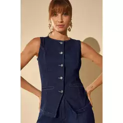 Colete Feminino Jeans Alongado Marialícia Azul