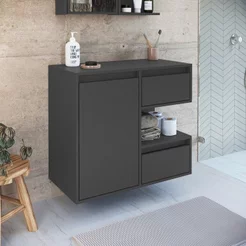 Gabinete de Banheiro Suspenso 80cm Paula com 2 Gavetas 1 Porta e 1 Nicho Grafite sem Cuba Grafite