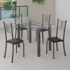 Conjunto de Jantar Mesa 100x60cm Tampo de Vidro Incolor com 4 Cadeiras Sara Yescasa Prata/Preto Liso Preto/Prata