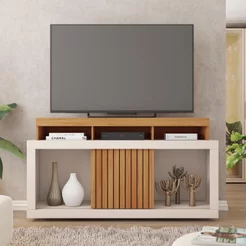 Rack para TV até 55 Polegadas MDF 136,2cm Frisos Decorativos Valença Bege Freijó/Off White