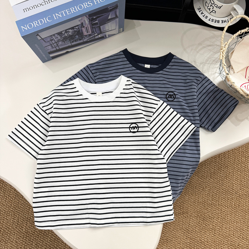 Meninos puro algodão de manga curta camiseta 2026 verão crianças listrado meia manga em torno do pescoço camisa médio gr