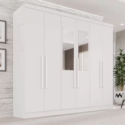 Guarda-Roupa Casal com Espelho 6 Portas 2 Gavetas França Branco Branco