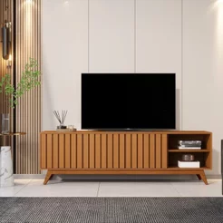 Rack para TV até 75 Polegadas Ripada Retrô Pés em Madeira Maciça 100% MDF 180cm Linha 2025 Nature Nature