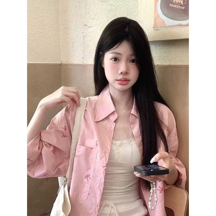 Rosa arco impresso camisa de manga comprida feminina primavera novo estilo doce protetor solar solto meados de comprimen