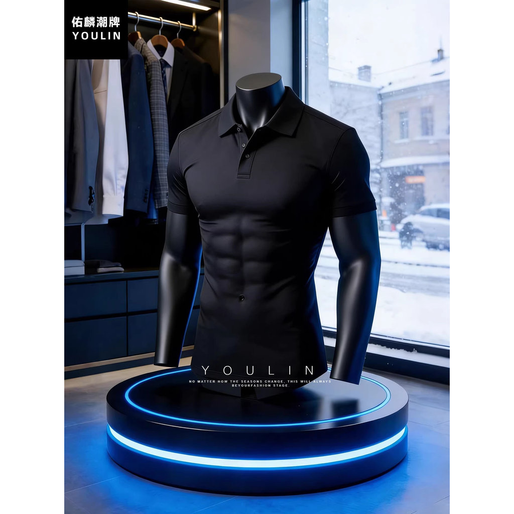 Camisa polo preta de ombro Slim fit, manga curta, verão, padrinho, lapela, camiseta, sentido de gelo, secagem rápida, me