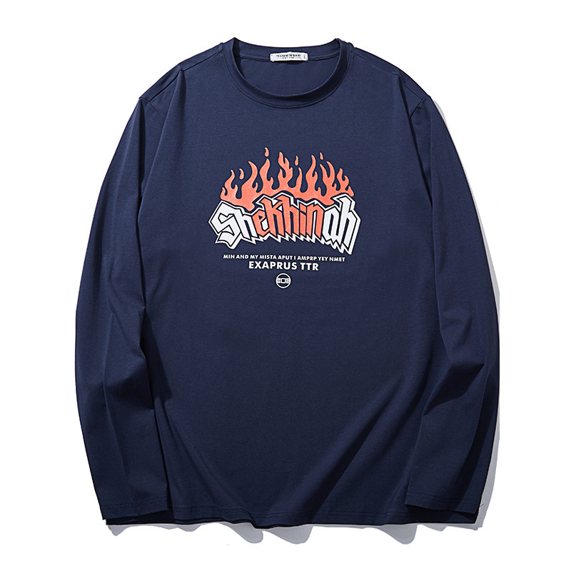 Primavera outono masculino plus Size manga comprida camiseta impressa juventude solta puro algodão estiramento gordo mai