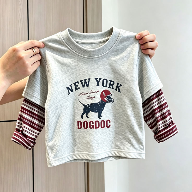 Algodão puro meninos bebê camiseta de manga comprida primavera outono novo estilo médio pequeno crianças camisa de fundo