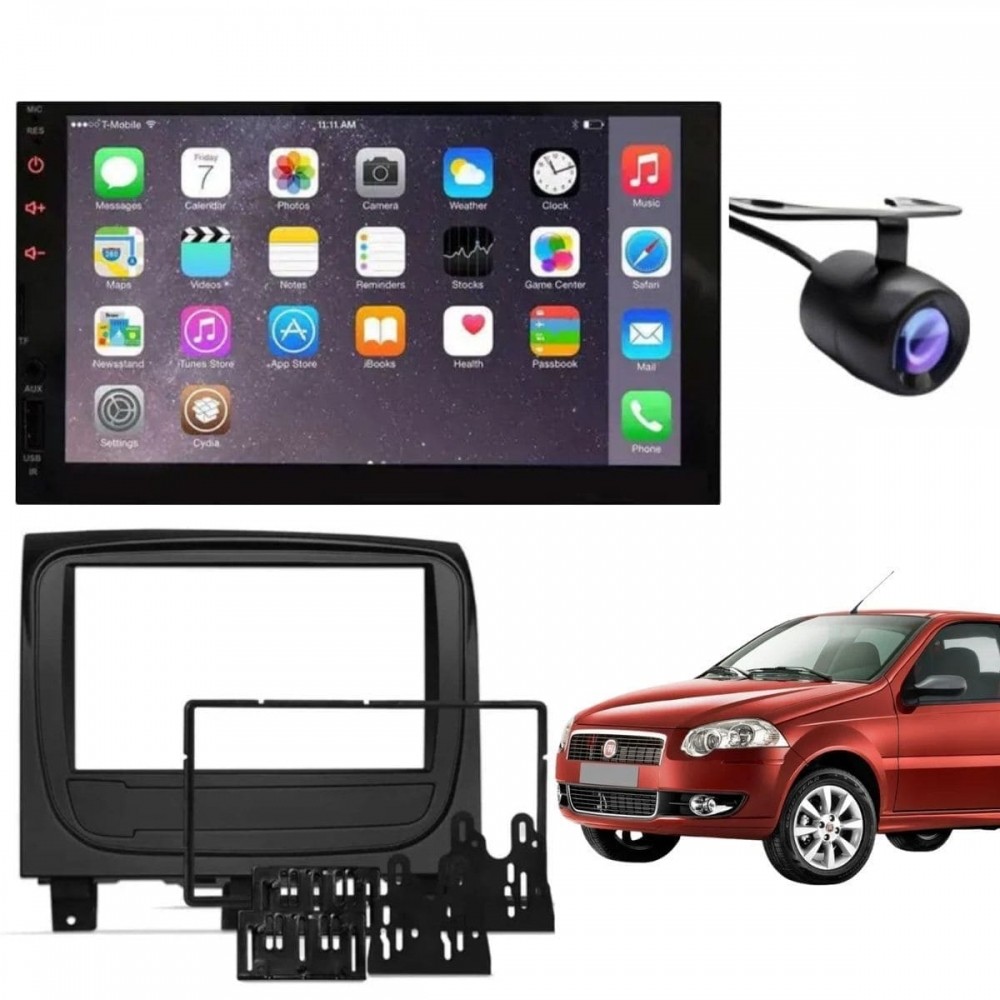 Central Multimídia 2 Din Mp5 Palio Way Câmera Moldura Tela Preto