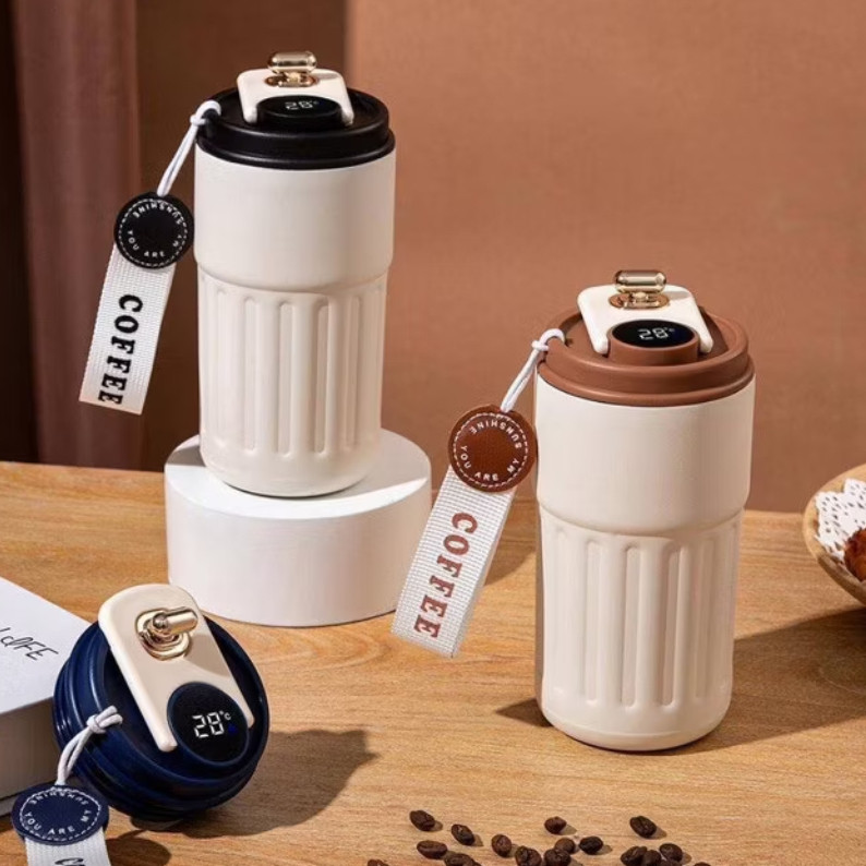Copo Térmico Cafe Aço Inox Portátil com tampa,420ml, Com LED Temperatura Antivazamento