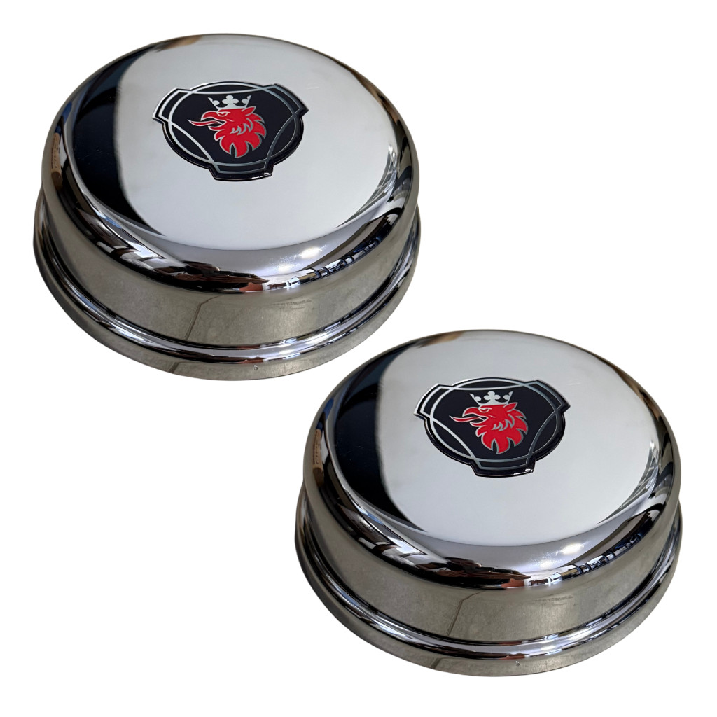 Par Sobre Tampa Cromada Cubo Dianteira Scania S4 Com Emblema