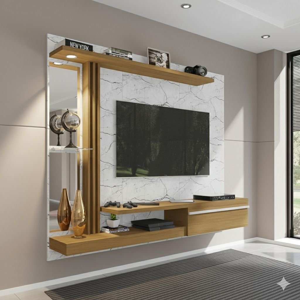 Painel para TV até 55 Polegadas LED Prateleira de Vidro Denver Carrara/Cinamomo em Oferta na Shopee