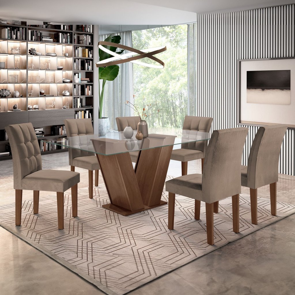 Conjunto Sala de Jantar Mesa Classic Tampo de Vidro 6 Cadeiras Vitória Cel Móveis Chocolate/Areia em Oferta na Shopee