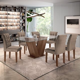 Conjunto Sala de Jantar Mesa Classic Tampo de Vidro 6 Cadeiras Vitória Cel Móveis Chocolate/Areia em Oferta na Shopee