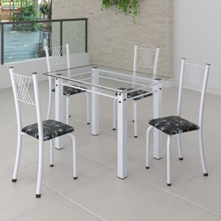Conjunto de Jantar Mesa 100x60cm Tampo de Vidro Incolor com 4 Cadeiras Sara Yescasa Branco/Preto Floral em Oferta na Shopee