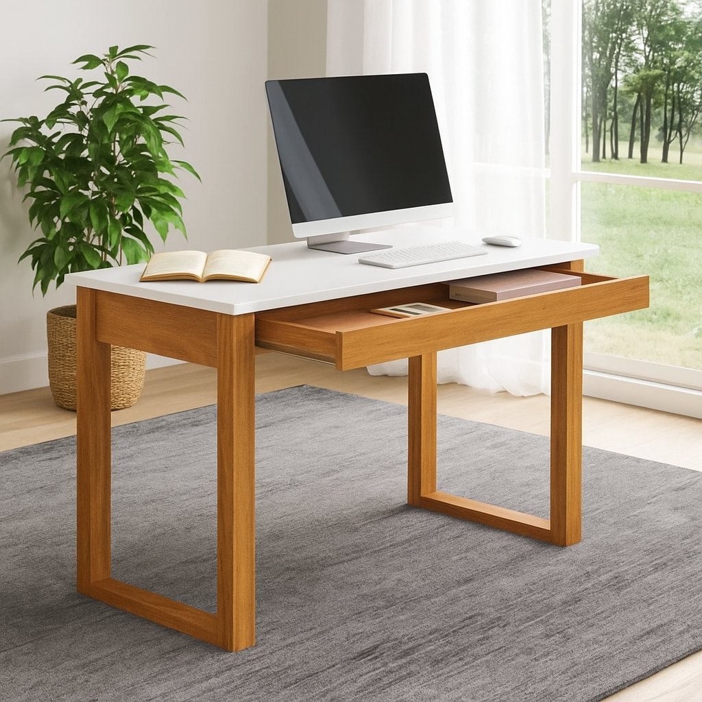 Mesa de Escritório Industrial 1 Gaveta 118x53cm em MDF Off White e Freijó Freijó/Off White em Oferta na Shopee