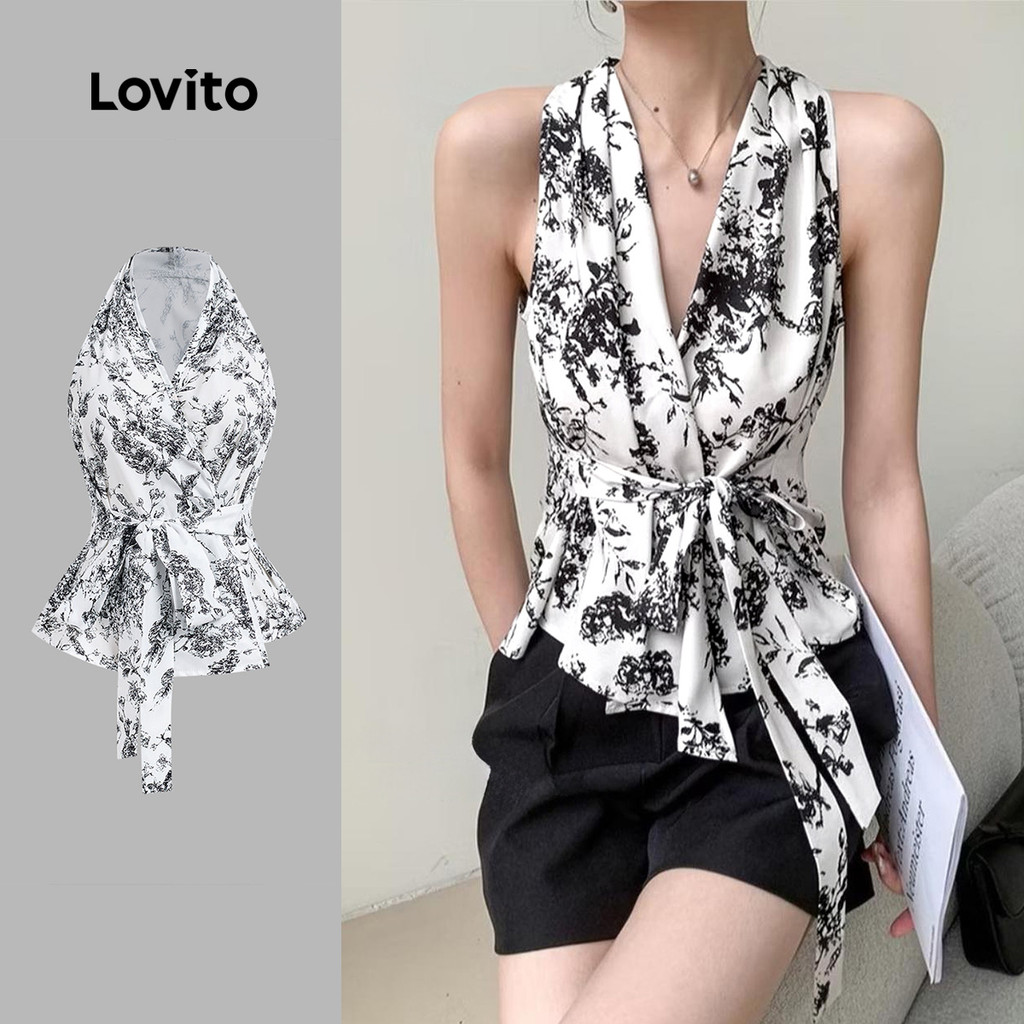 Lovito Blusa Casual de Renda com Amarração para a Primavera/verão para mulheres L155AD392