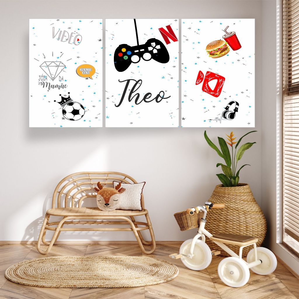 KIT 3 QUADROS VIDEO GAME COM NOME PERSONALIZADO - DECORAÇÃO VIDEO GAME MEDIDA 20X30 CADA
