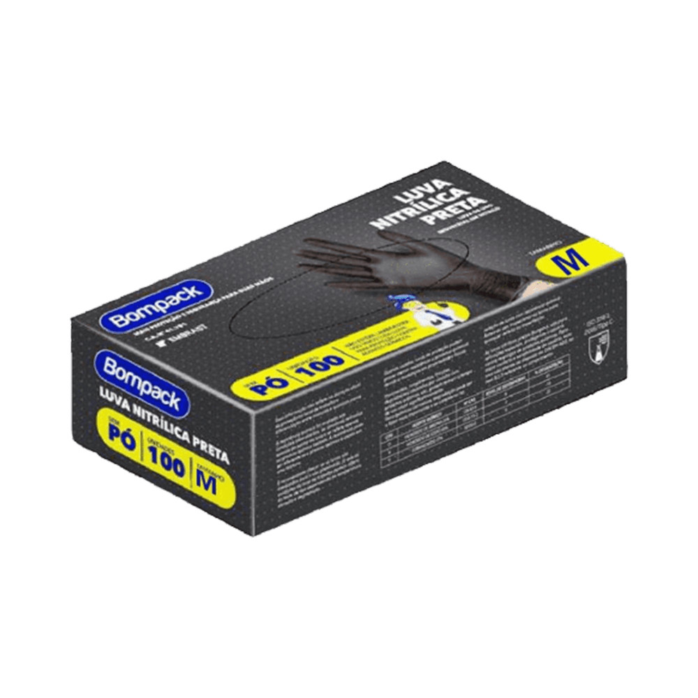 Luva Bompack Nitrilica com 100 Unidades Preta M em Oferta na Shopee