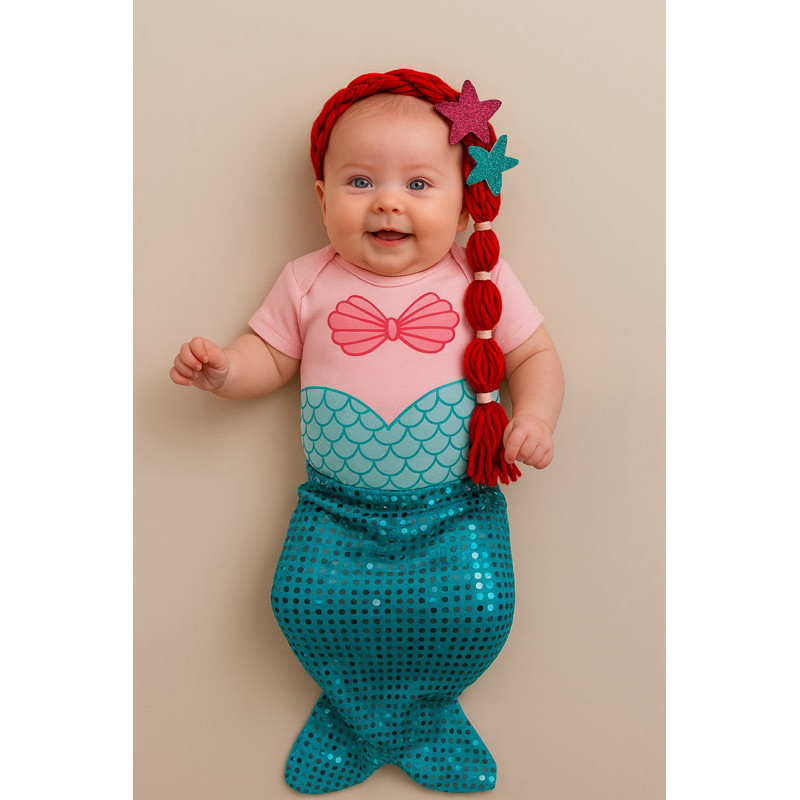 Body Fantasia Ariel Bebê com Tiara e Cauda de Sereia Roupa Mêsversário Princesa Menina Luxo Infantil
