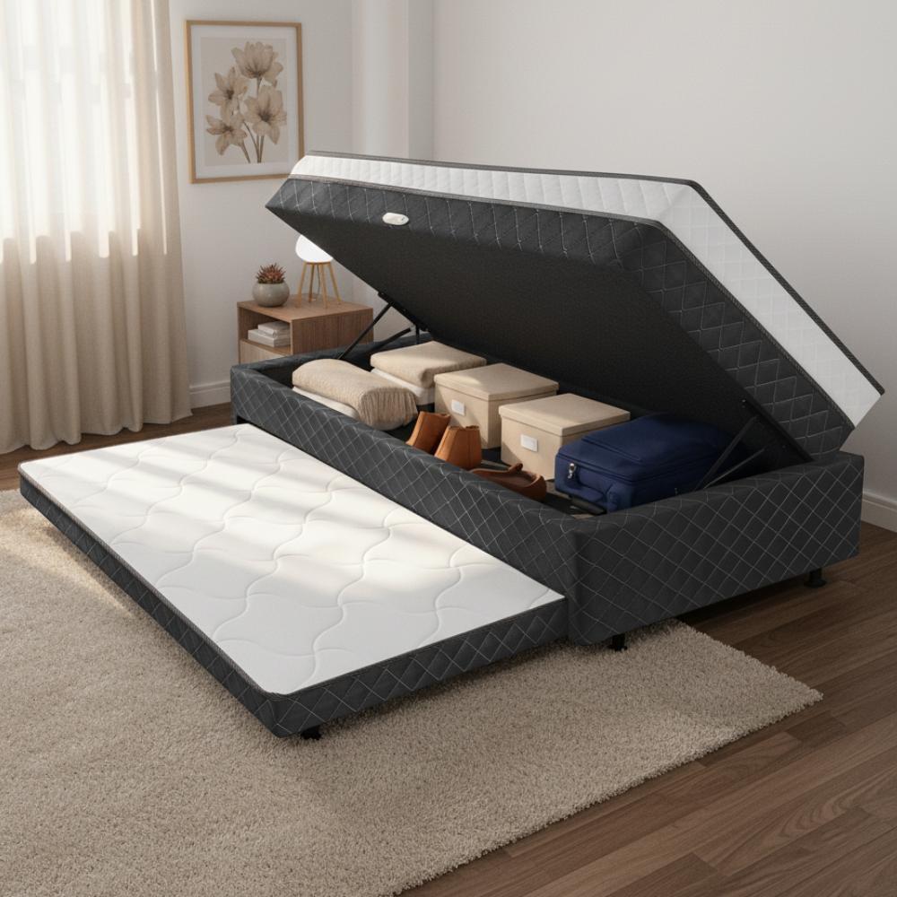 Detalhes do Cama Bibox com Baú Solteiro Ortopédica com Cama Auxiliar Conjugada 88x188x51cm Gabi