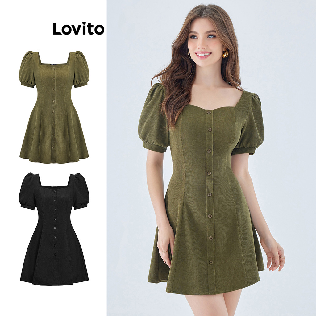Lovito Vestido Feminino Vintage com Botões Frontais Mangas Curtas Corte A Minivestido Verão L49ED109