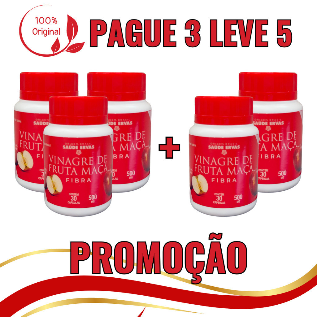 KIT 05 Vinagre de Maça 500MG 30 Capsulas Fonte Verde