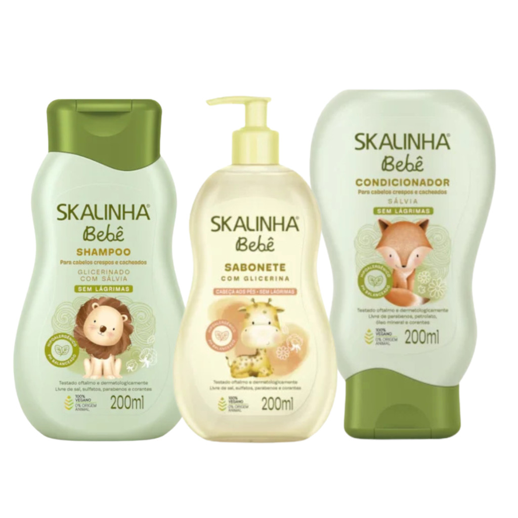 Kit Skalinha Bebê Sh + Cond 200ml Salvia + Sab liq 200ml Glicerina em Oferta na Shopee