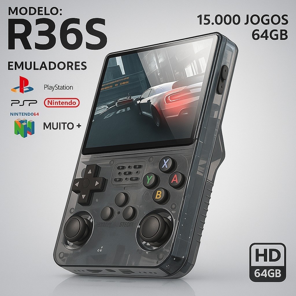 Mini Video Game Portatil Console R36S + de 15.000 Jogos 64g Linux Tela IPS 3.5 Polegadas
