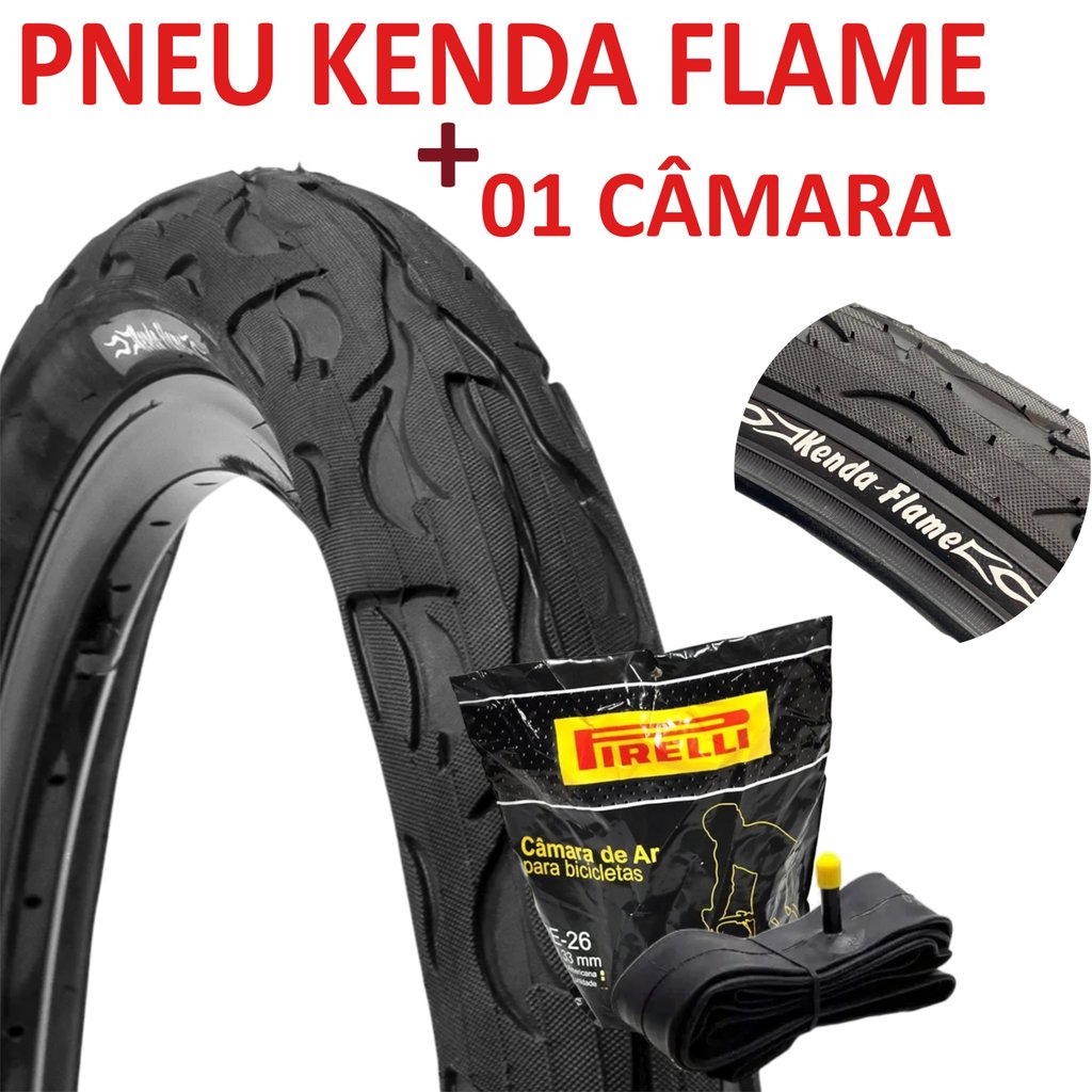 Kit 1 Pneu Flame Kenda 26x2.125 + 1 Câmara Pirelli Aro 26 Bico grosso 33mm – segurança. aderência e resistência