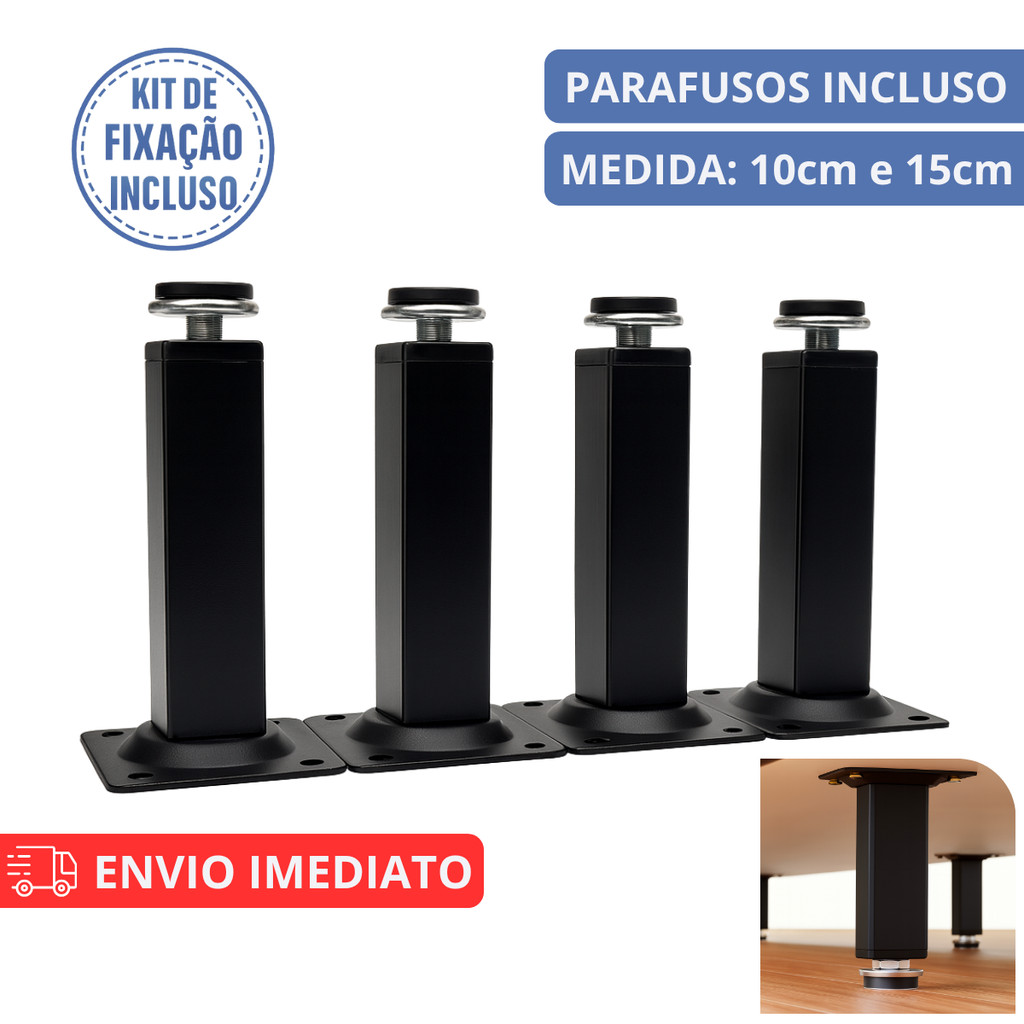 Kit Pés Para Móveis Regulável Quadrado Preto 10cm 15cm