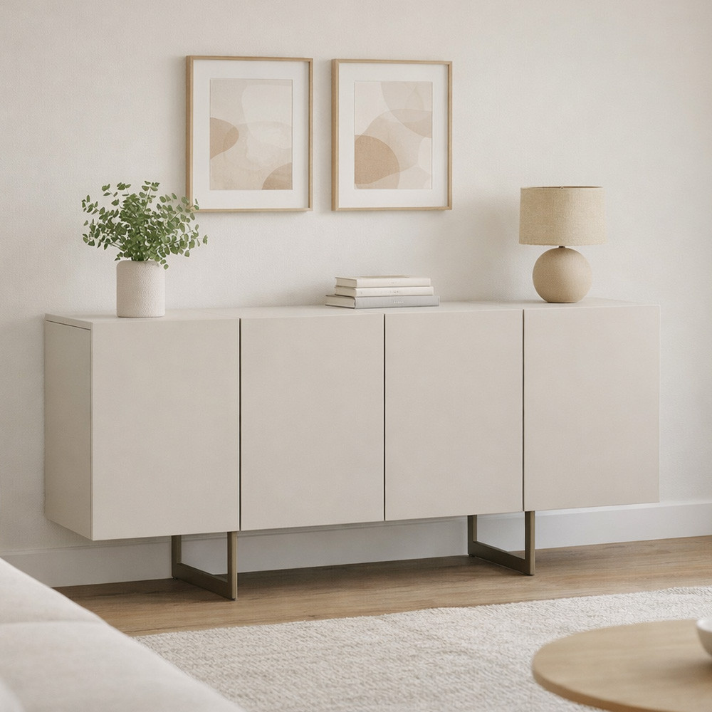 Aparador Buffet Para Sala de Jantar 4 Portas 160cm Pés Industrial Benita N01 Off White Champanhe - Lyam Decor