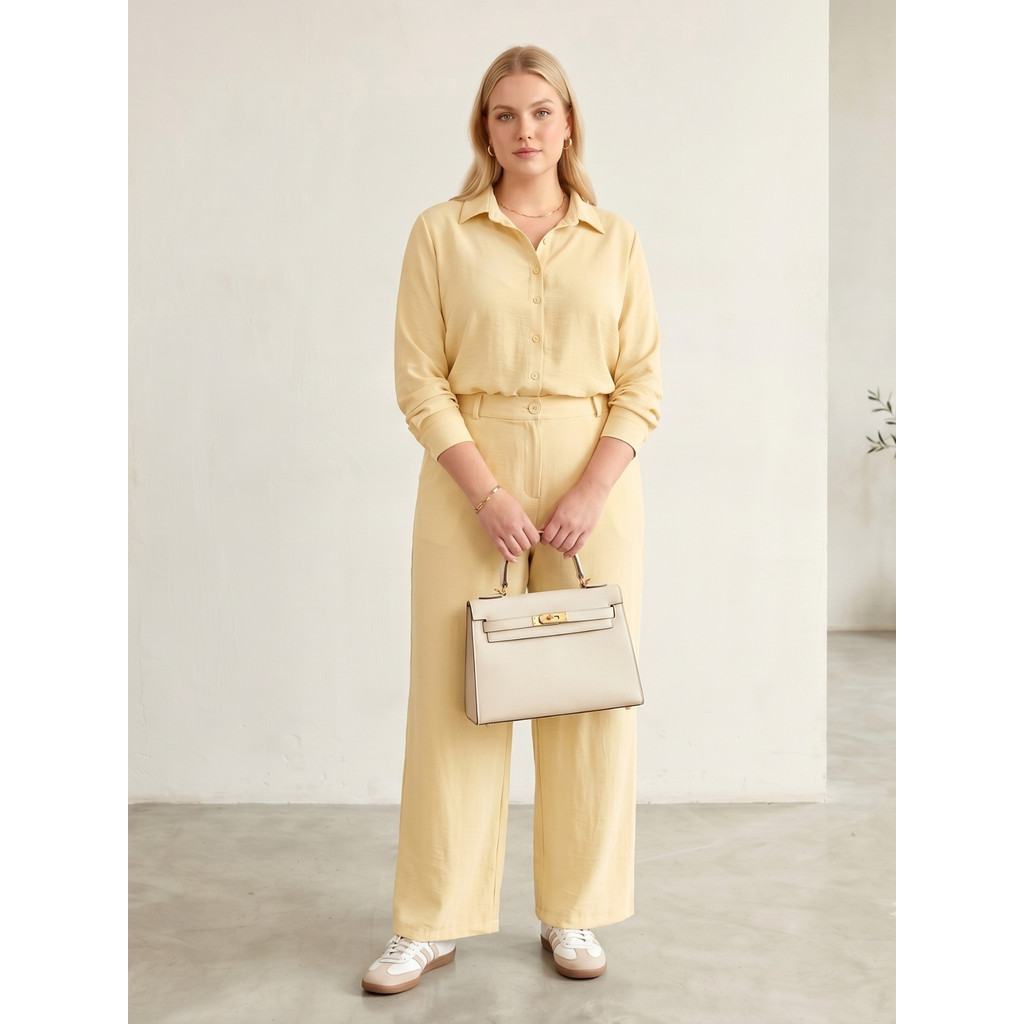 Conjunto Feminino Plus Size Alfaiataria Duna Camisa Social Calça Pantalona Wide Leg Elegante Confortável