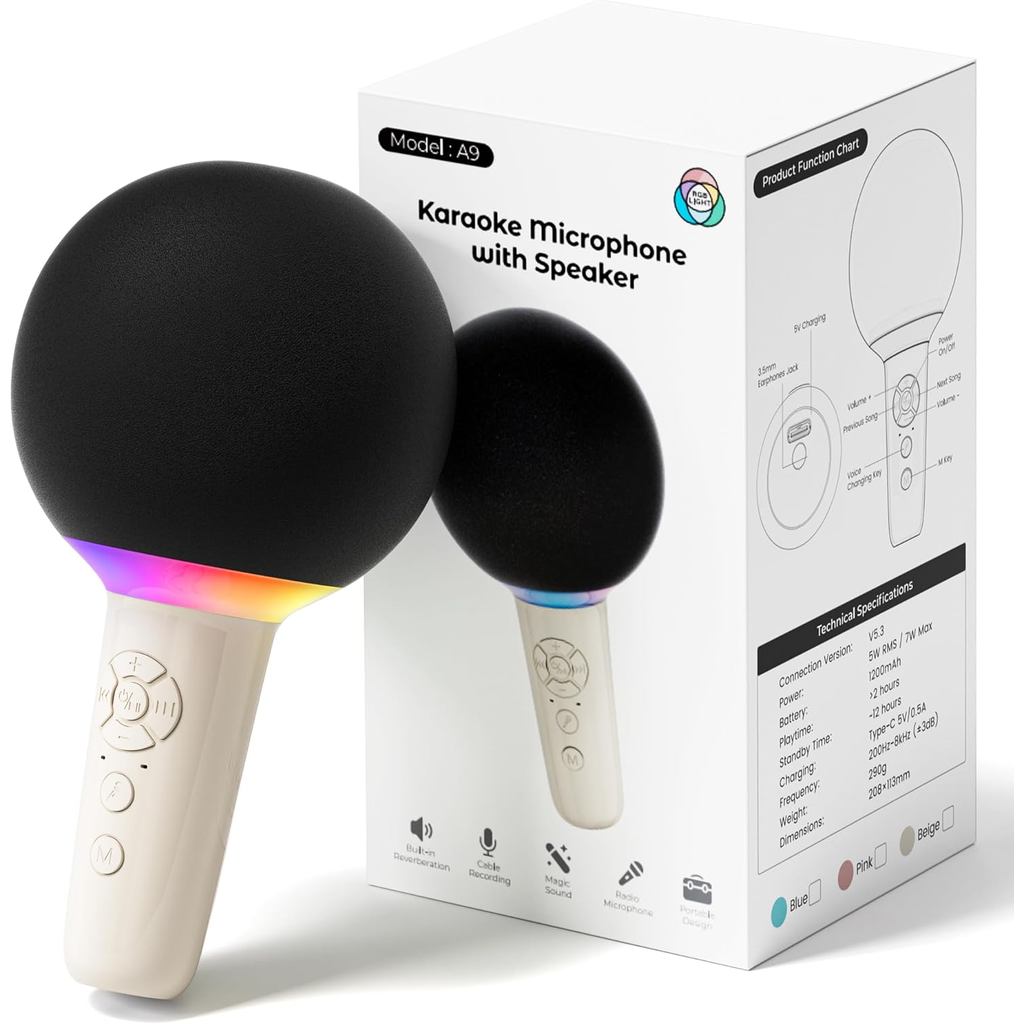 Microfone de Karaokê Bluetooth Sem Fio para Crianças, Microfone Portátil com Alto-Falante e Luz LED, Presente de