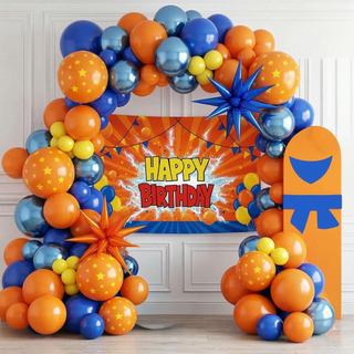 Kit de Arco de Balões Laranja e Azul Royal Metálico com Balões em Forma de Estrela e Painel de Fundo para Decoração de F