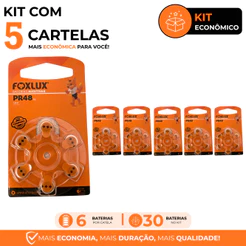 Pilhas Baterias Auditivas Foxlux 13 PR48 Kit com 30