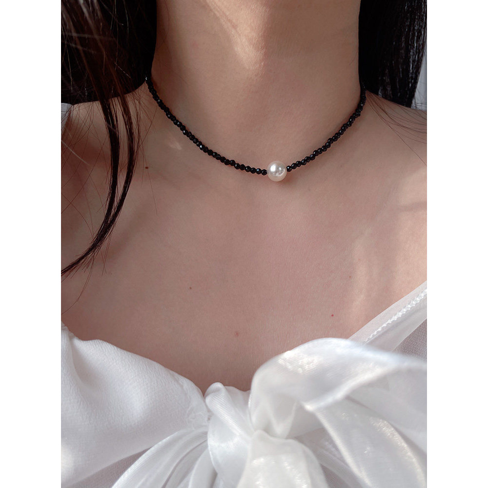 colar colar femenino S925 prata esterlina preto espinélio pérola colar feminino 2026 novo estilo colar luz luxo nicho cl