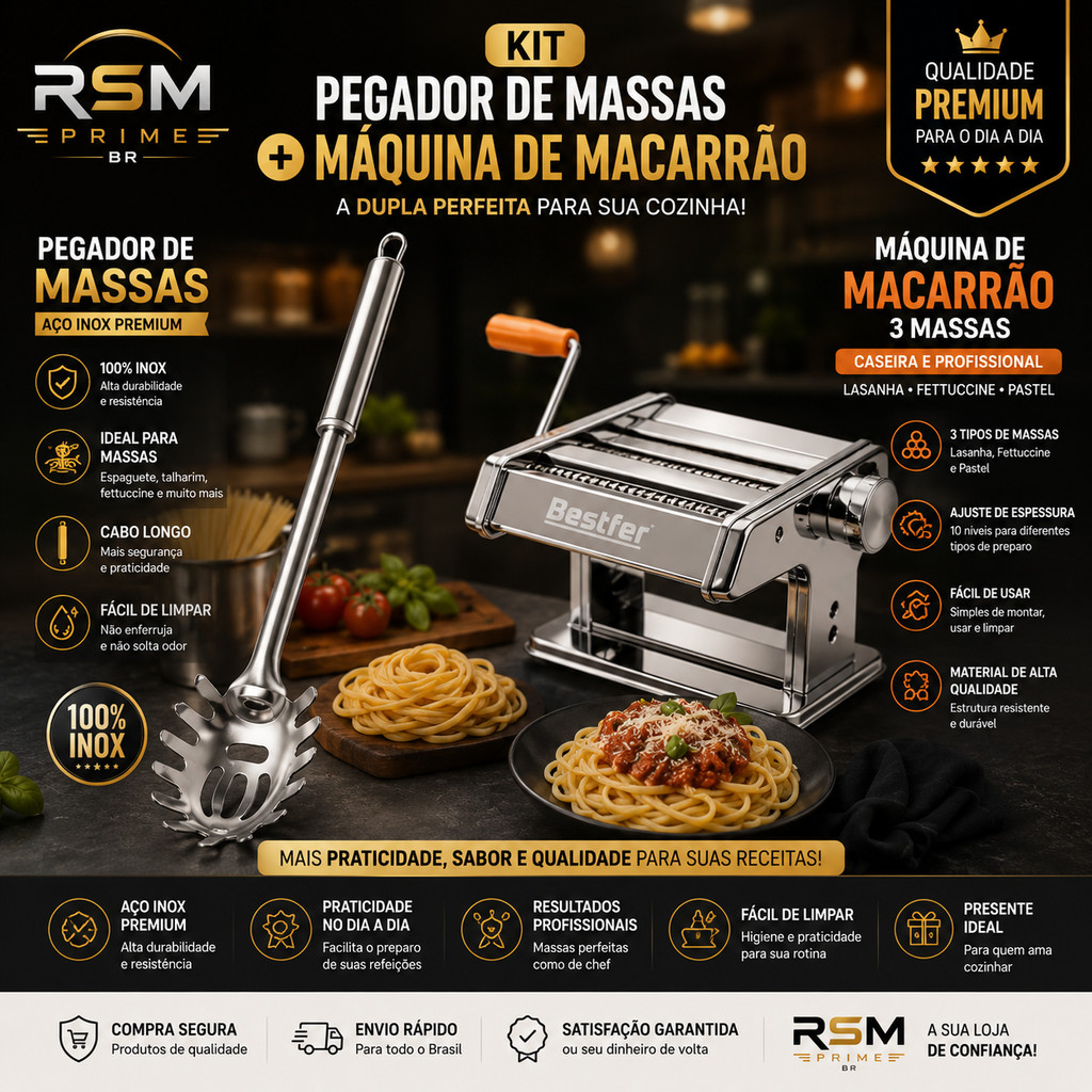 Máquina de Macarrão Manual Inox 3 Tipos de Massa e Pegador de Massas em Aço Premium