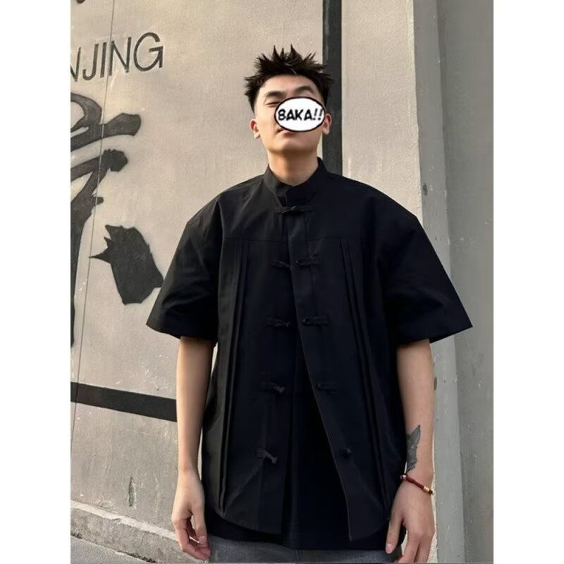 República da China Roupas Masculinas Zhongshan Roupas Verão Jacquard Tang Terno Camisa Masculina de Manga Curta Top Solt