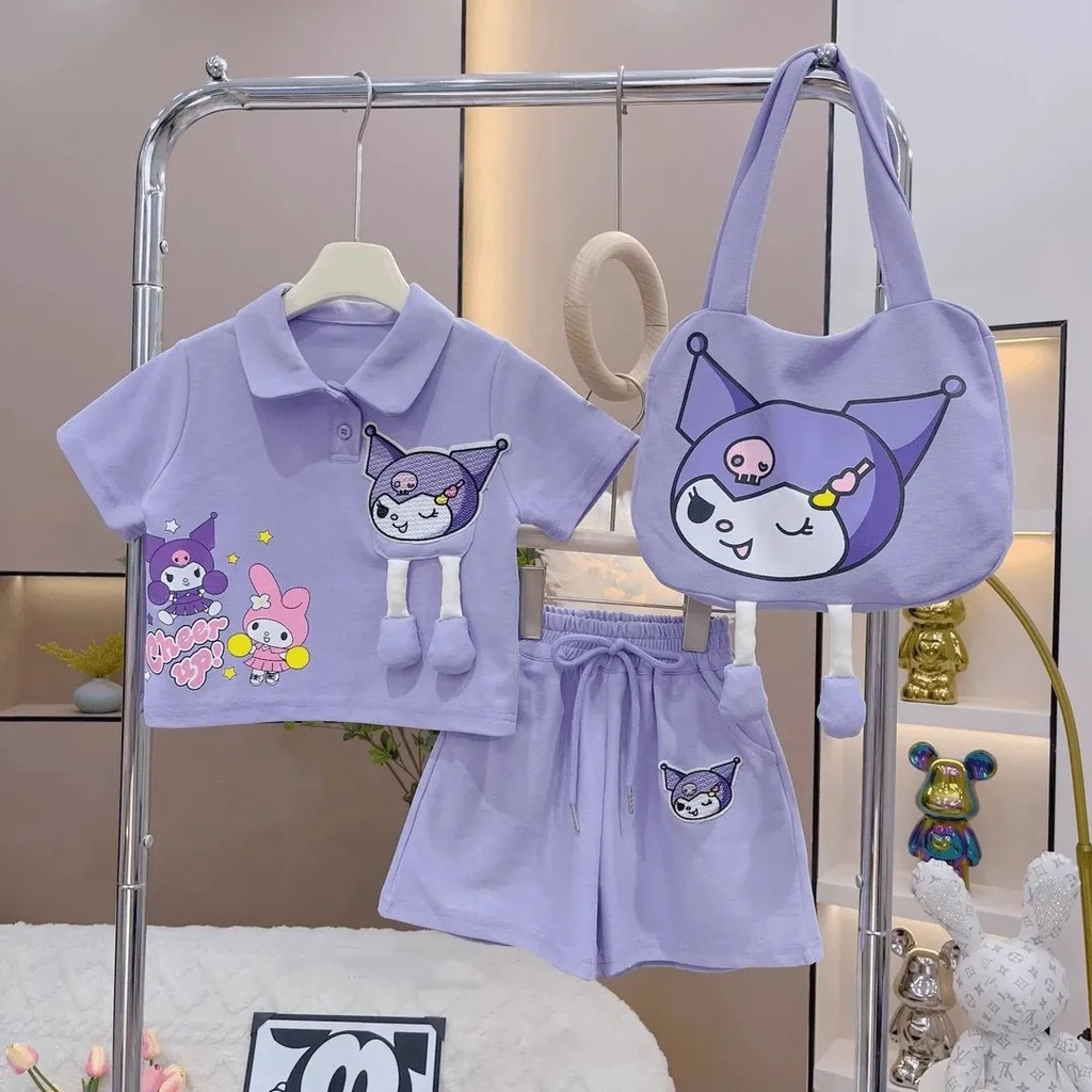 Meninas verão Kuromi terno de manga curta 2024 novo estilo bebê menina moda vestido de verão menina moda terno de duas p
