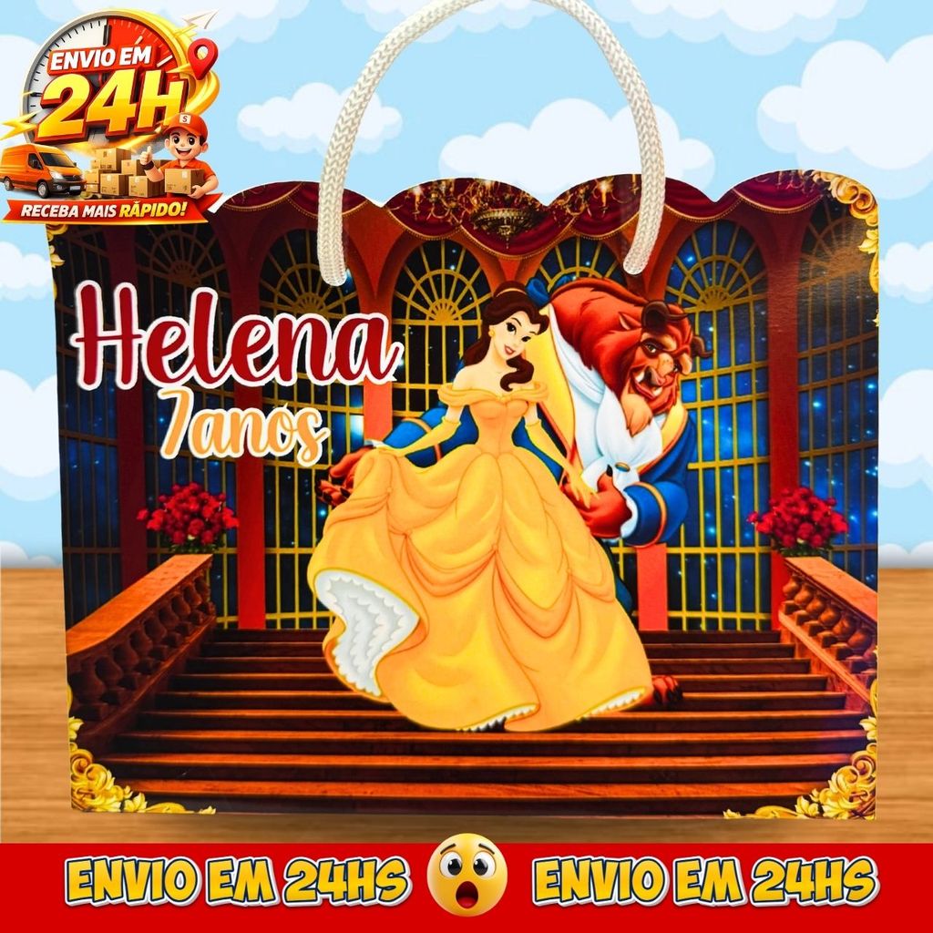Sacolinhas A Bela e a Fera Personalizadas - Lembrancinhas Princesa Bela Premium com Nome e Idade