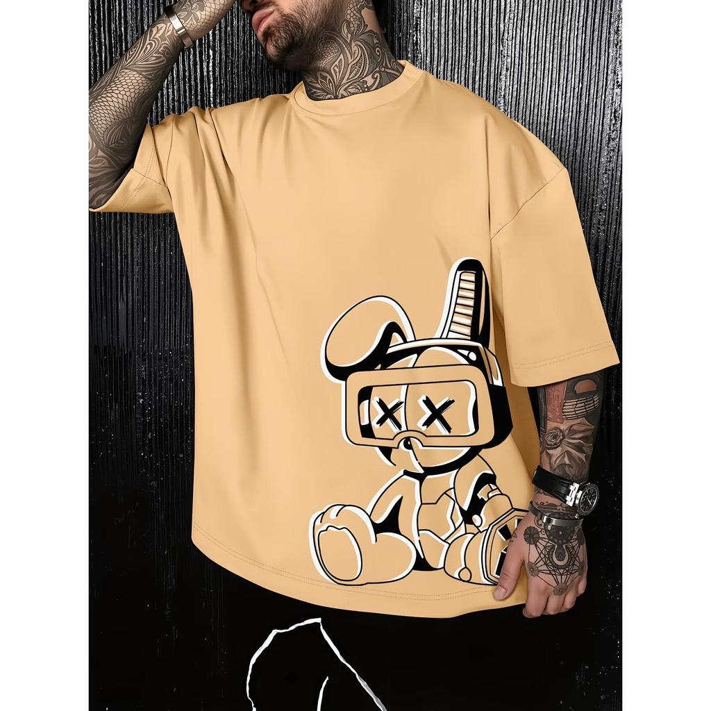 Camiseta Masculina Streetwear Algodão Penteado Infantil Adulto Plus Size Estampa Coelho Oculos Sol lateral Estiloso Swag