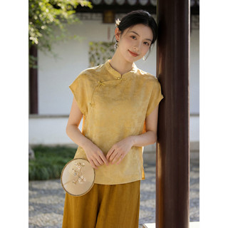 Novo estilo chinês Retro seda ouro Jacquard pequena manga voadora camisa feminina 2026 verão novo estilo Diagonal abotoa