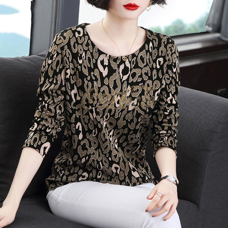 Mãe de meia-idade camiseta feminina de manga comprida estilo ocidental tamanho grande topo feminino 2023 novo estilo cam